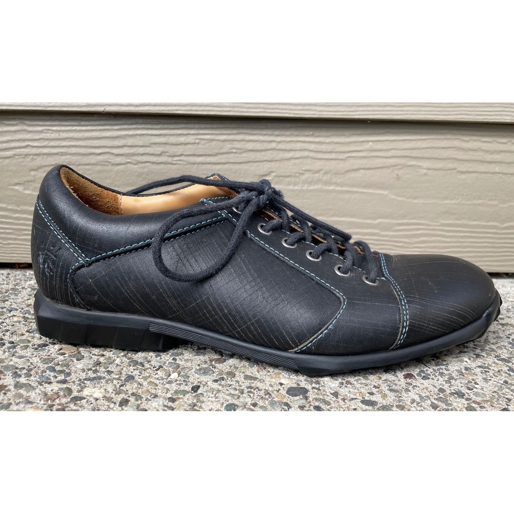 John Fluevog Men's Black Elroy Etched Leather Blue‎ Stitch Lace Up Shoes M7